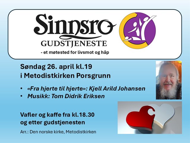 Sinnsrogudstjeneste søndag 26. april kl. 19.00 