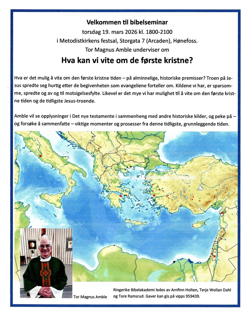 Åpent bibelseminar: 'Hva kan vi vite om de første kristne?' Prest Tor Magnus Amble underviser. Enkel bevertning. Klikk for mer info.