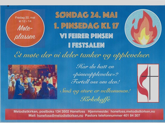 PINSEDAG med møte i Festsalen. Vi deler erfaringer fra kristenlivet vårt. Alle i alle aldre er velkommen. Kirkekaffe.