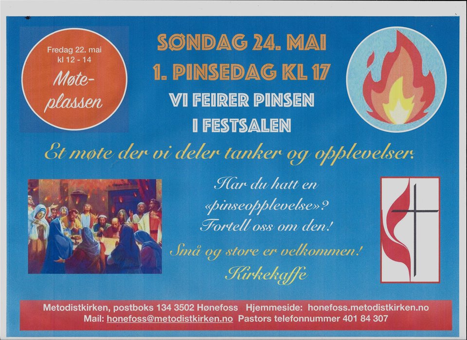 PINSEDAG med møte i Festsalen. Vi deler erfaringer fra kristenlivet vårt. Alle i alle aldre er velkommen. Kirkekaffe.