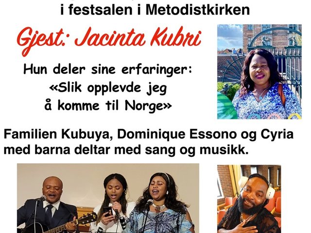 Klikk for mere> African Open Doors med sang og dans, lovprisning, mat og glede. Jacinta Kubri:'Slik opplevde jeg å komme fra Afrika til Norge'! Familien Kubuya, Dominique Essono og Cyria med barna deltar med sang og musikk