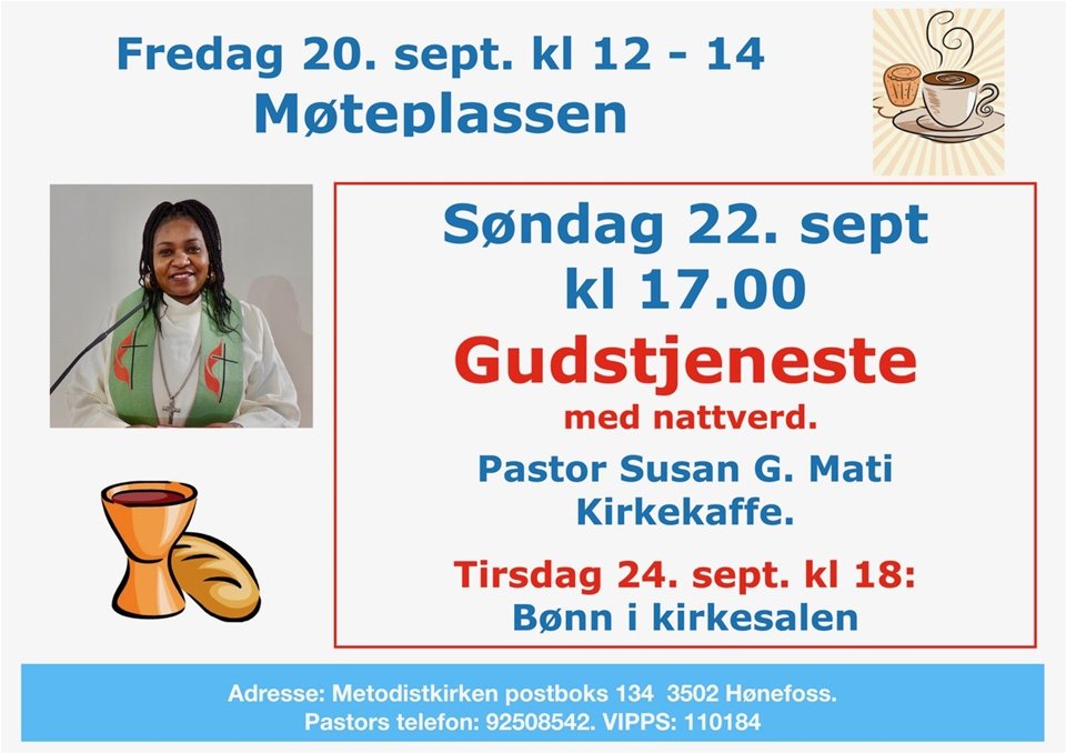 Gudstjeneste med nattverd ved pastor Susan G. Mati. Tema: 'Urokkelig tro!' Kirkekaffe.